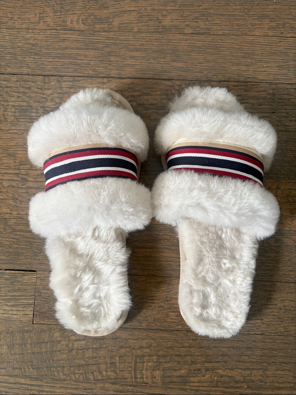 EMU Australia Cream Faux Fur Slide Slippers with Red-Black-White Striped Band